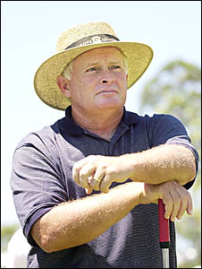 CLEANSWEEP: Peter Senior, armed with his trademark broomstick putter, ponders the next shot on his way around the Lismore cours CLEANSWEEP: Peter Senior, armed with his trademark broomstick putter, ponders the next shot on his way around the Lismore cours