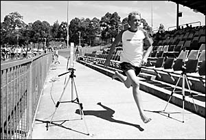 Woolgoolga?s Jarryd Burow does the 20 metre sprint test during talent trials conducted by NSW/ACT AFL at the Coffs Harbour Inte Woolgoolga?s Jarryd Burow does the 20 metre sprint test during talent trials conducted by NSW/ACT AFL at the Coffs Harbour Inte