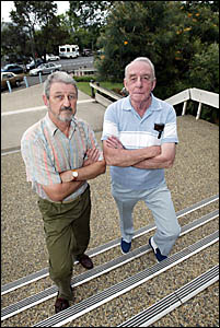 BANORA Point Caravan Park residents (from left) Len Hogg and Brian Smart are confused and angry about their future after being BANORA Point Caravan Park residents (from left) Len Hogg and Brian Smart are confused and angry about their future after being