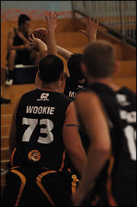 A Grafton Oblisk player struggles to get his pass away in the game with the Showtime Devils. The Oblisks met The Entertainers i A Grafton Oblisk player struggles to get his pass away in the game with the Showtime Devils. The Oblisks met The Entertainers i