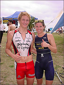 Clayton Fettell and Pip Taylor after winning Evans Head Triathlon Clayton Fettell and Pip Taylor after winning Evans Head Triathlon