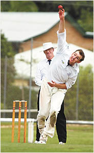 Coffs Hotel Tigers paceman, Peter Bayley bowling in the Country Cup match against Hastings on Sunday Coffs Hotel Tigers paceman, Peter Bayley bowling in the Country Cup match against Hastings on Sunday