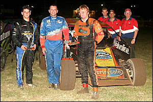 THE VICTORS: Mr Modified round one winner Mark Robinson, middle, flanked by placegetters Stuart Herne, right, and Luke Oldfi THE VICTORS: Mr Modified round one winner Mark Robinson, middle, flanked by placegetters Stuart Herne, right, and Luke Oldfi