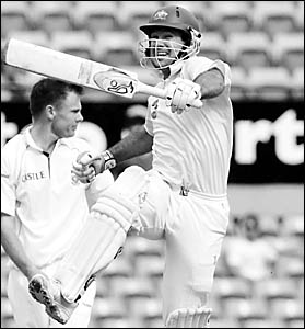 Australian skipper Ricky Ponting celebrates his second century of the match in Sydney. Photo: AAPIMAGE Australian skipper Ricky Ponting celebrates his second century of the match in Sydney. Photo: AAPIMAGE