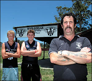 Clouded future . . . Woolgoolga AFL diehard Dave Dodsworth with young Woolgoolga AFL players Shannon Burol and Justin Dodsworth Clouded future . . . Woolgoolga AFL diehard Dave Dodsworth with young Woolgoolga AFL players Shannon Burol and Justin Dodsworth