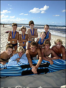 WORLD beaters: among Cudgen?s all-conquering team at the country surf champs at Woolgoolga at the weekend were, back, Louis Ora WORLD beaters: among Cudgen?s all-conquering team at the country surf champs at Woolgoolga at the weekend were, back, Louis Ora
