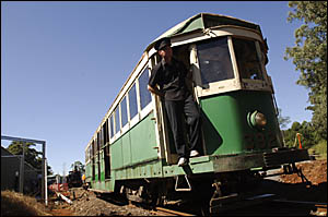 Tram driver Ian Phemister of Coffs Harbour, with the one tram currently operating at the Glenreagh Mountain Railway. Tram driver Ian Phemister of Coffs Harbour, with the one tram currently operating at the Glenreagh Mountain Railway.