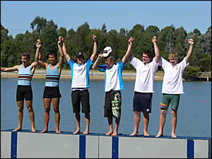 Grafton High School rowers Lewis and Marty Hemphill (centre) celebrate their win in the pairs at the CHSRowing Championships at Grafton High School rowers Lewis and Marty Hemphill (centre) celebrate their win in the pairs at the CHSRowing Championships at