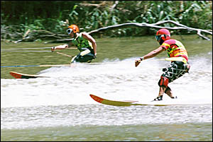 Grafton water skier Bryce Jones (nearest shore line) and Brisbane?s Jacob Ross competing at the Southern Cross 80 at Echuca. Grafton water skier Bryce Jones (nearest shore line) and Brisbane?s Jacob Ross competing at the Southern Cross 80 at Echuca.