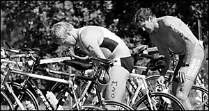 Ken Crabb and Tom Maley in the transition area during the Red Rock quadrathon. Ken Crabb and Tom Maley in the transition area during the Red Rock quadrathon.
