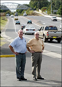 BANORA Point Community Highway Group members Mike Allen (left) and Rod Bates on Sexton Hill yesterday. BANORA Point Community Highway Group members Mike Allen (left) and Rod Bates on Sexton Hill yesterday.