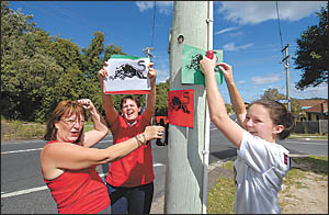 Panthers supporters Sharron Sharp and Alahna and Jacqui Hey paint the town red, white and green. Panthers supporters Sharron Sharp and Alahna and Jacqui Hey paint the town red, white and green.