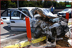 Two injured in this Ford Falcon sedan in a five car pile-up. Two injured in this Ford Falcon sedan in a five car pile-up.