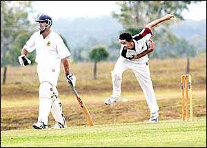 TWEED bowler Leigh Baker sends down another delivery during the final of the Webb Shield n Ipswich yesterday while batsman Bria TWEED bowler Leigh Baker sends down another delivery during the final of the Webb Shield n Ipswich yesterday while batsman Bria