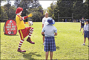 Ronald McDonald and Coffs Harbour?s own Matilda?s football star Jenna Tristam officially kick off the 2007 McDonald?s Northern Ronald McDonald and Coffs Harbour?s own Matilda?s football star Jenna Tristam officially kick off the 2007 McDonald?s Northern