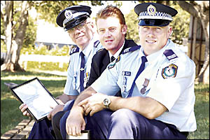 THANKS FELLAS: From left, Leading Senior Constable Steve Connor, Senior Constable Steve Kelly, and Sergeant Greg Pike all recei THANKS FELLAS: From left, Leading Senior Constable Steve Connor, Senior Constable Steve Kelly, and Sergeant Greg Pike all recei
