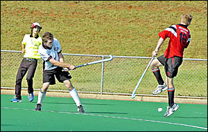 Joe Beohm (Alstonville), right, takes evasive action as James Harmon (Star) drills the ball in a recent men??s A-grade match. Joe Beohm (Alstonville), right, takes evasive action as James Harmon (Star) drills the ball in a recent men??s A-grade match.