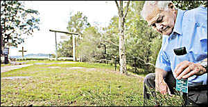 Grant Virtue is upset by the vandalism of the Open Air Cathedral at Bexhill in recent weeks, when fences have been broken, gard Grant Virtue is upset by the vandalism of the Open Air Cathedral at Bexhill in recent weeks, when fences have been broken, gard
