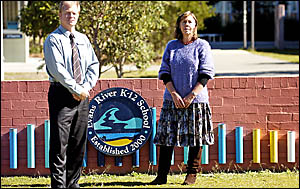 DISAPPOINTED: Evans High K-12 Principal Rob Walker and P&C; President Yvonne Pickens outside the school yesterday. Gemma-Rose Tu DISAPPOINTED: Evans High K-12 Principal Rob Walker and P&C; President Yvonne Pickens outside the school yesterday. Gemma-Rose Tu