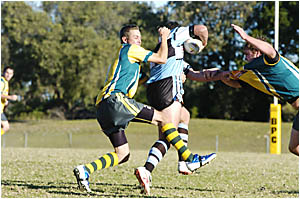 HITCHING A RIDE: Grant Thompson (Cudgen) tackles Jamie Quinn (Ballina) during the Retravision Northern League match at Kingsfor HITCHING A RIDE: Grant Thompson (Cudgen) tackles Jamie Quinn (Ballina) during the Retravision Northern League match at Kingsfor