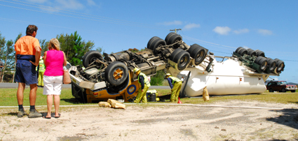 Over and out . . . emergency crews were left to clean up a big mess after yesterday's accident. Over and out . . . emergency crews were left to clean up a big mess after yesterday's accident.
