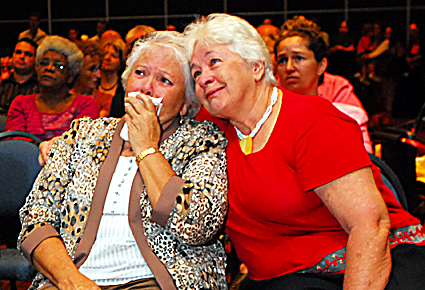 Historic ... emotions overwhelm Bea Ballangarry (left) and Delia Gormley yesterday. PHOTO: TREVOR VEALE Historic ... emotions overwhelm Bea Ballangarry (left) and Delia Gormley yesterday. PHOTO: TREVOR VEALE