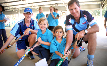 Father and son team Matthew and David Harmon pass on some knowledge to Emily Paxton and Keasa Militoni at Sawtell Public School Father and son team Matthew and David Harmon pass on some knowledge to Emily Paxton and Keasa Militoni at Sawtell Public School