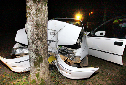 Accident scene ... the damaged vehicle after it hit a tree in Beryl Street. PHOTO: FRANK REDWARD Accident scene ... the damaged vehicle after it hit a tree in Beryl Street. PHOTO: FRANK REDWARD
