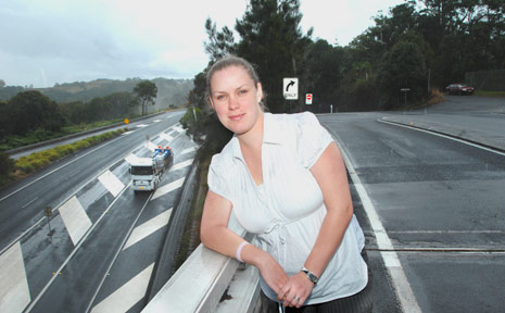 Keziah Southwell, 22 yrs of Alstonville behind her the spot on the Pacific Highway where she was involved in a frightening accident in May 2007. Keziah Southwell, 22 yrs of Alstonville behind her the spot on the Pacific Highway where she was involved in a frightening accident in May 2007.
