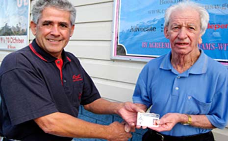 Grahame Williams presents Lloyd Erwin with his Lifetime Entry Card. Grahame Williams presents Lloyd Erwin with his Lifetime Entry Card.