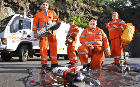 Lismore SES volunteers (from left) Stuart Ferguson, Raymond de la Porte, Anna Pagotto and Sue Ferguson with the tools of their trade. Lismore SES volunteers (from left) Stuart Ferguson, Raymond de la Porte, Anna Pagotto and Sue Ferguson with the tools of their trade.