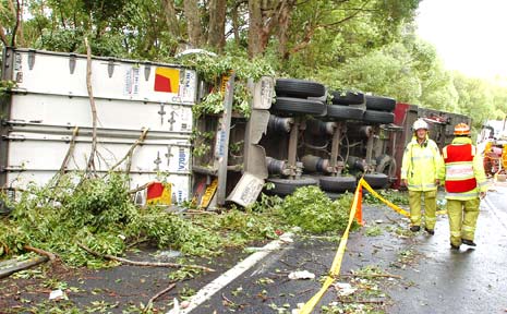 LUCKY: The driver of this B-double truck survived a crash near Bangalow early yesterday. LUCKY: The driver of this B-double truck survived a crash near Bangalow early yesterday.