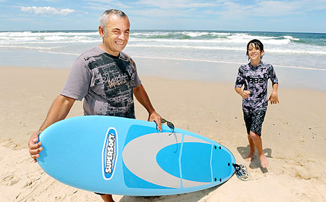 Anthony Curtis and his son Caleb, 12, Curtis (12) from of Ocean Shores, enjoy visiting coming to Brunswick Heads for the surfing, friendly people, great beaches, close proximity to cafes, and restaurants are near the beach. Anthony Curtis and his son Caleb, 12, Curtis (12) from of Ocean Shores, enjoy visiting coming to Brunswick Heads for the surfing, friendly people, great beaches, close proximity to cafes, and restaurants are near the beach.