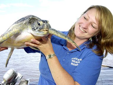 Rochelle Ferris, from Australian Seabird Rescue in Ballina, with a young green sea turtle.