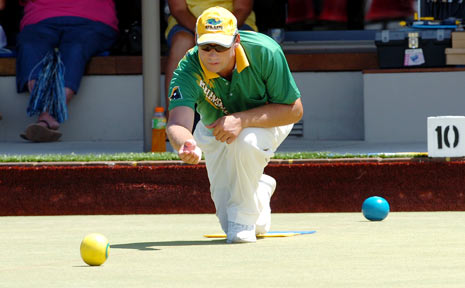 Brett Wilkie (Helensvale) is all balance during the final of the $11,000 Summerland Singles at the Ballina Bowling Club yesterday. Brett Wilkie (Helensvale) is all balance during the final of the $11,000 Summerland Singles at the Ballina Bowling Club yesterday.