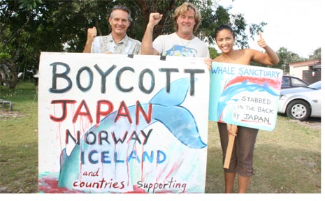Preparing to leave Byron Bay for Brisbane for an anti-whaling protest are (from left) Helio Matahari, Dean Jefferys and Amy Camilleri. Preparing to leave Byron Bay for Brisbane for an anti-whaling protest are (from left) Helio Matahari, Dean Jefferys and Amy Camilleri.