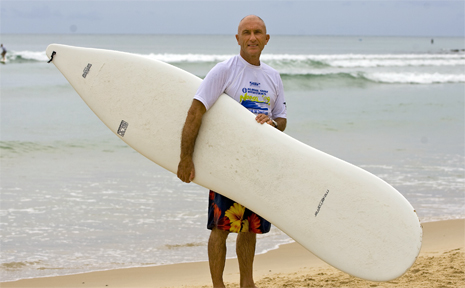 Thomas Meyerhoffer tries out his hour glass surfboard design. Thomas Meyerhoffer tries out his hour glass surfboard design.