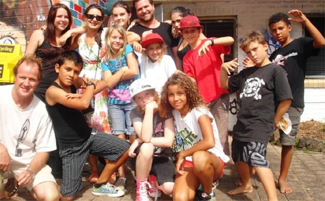 Byron Shire Mayor Jan Barham (rear, second from left), joined in the activities at the upgraded youth centre’s reopening. Byron Shire Mayor Jan Barham (rear, second from left), joined in the activities at the upgraded youth centre’s reopening.
