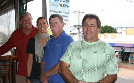 PICTURED at The Balcony in front of one of the ‘MAYhem’ banners are Byron United president Ed Ahern, Jacque Hogan (Byron Bay Triathlon), Syl Reid (Ocean Swim) and David ‘Sput’ Keevers (Malibu Classic). PICTURED at The Balcony in front of one of the ‘MAYhem’ banners are Byron United president Ed Ahern, Jacque Hogan (Byron Bay Triathlon), Syl Reid (Ocean Swim) and David ‘Sput’ Keevers (Malibu Classic).