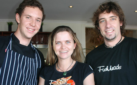 Sous chef at Fishheads Simon Somervail (left) serves up a scrumptious seafood platter to staff members Bec Beale and Wayne Lovell. Sous chef at Fishheads Simon Somervail (left) serves up a scrumptious seafood platter to staff members Bec Beale and Wayne Lovell.