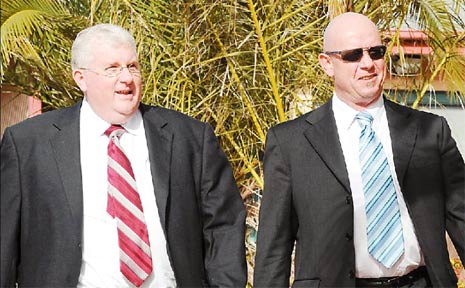 Lawyer Bill Morland, right, leaves Mismore Local Court yesterday with his representative James Fuggle. Lawyer Bill Morland, right, leaves Mismore Local Court yesterday with his representative James Fuggle.