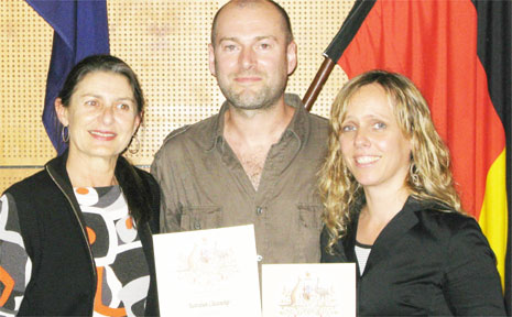 Mark Gasson is pictured with Mayor Cr Jan Barham and his partner Suzy Donovan at the citizenship ceremony. Mark Gasson is pictured with Mayor Cr Jan Barham and his partner Suzy Donovan at the citizenship ceremony.