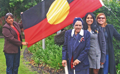 Raising the flag for Naidoc Week are (left to right) Yvonne Stewart, Auntie Dulcie Nicholls, Delta Kay and Val Saunders. Raising the flag for Naidoc Week are (left to right) Yvonne Stewart, Auntie Dulcie Nicholls, Delta Kay and Val Saunders.