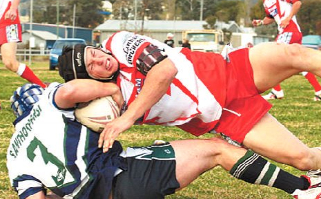Killarney Cuttwers hooker Jamie Watts tackles Stanthorpe Gremlins centre Brad Crisp in the Border Rugby League match on Saturday. Killarney Cuttwers hooker Jamie Watts tackles Stanthorpe Gremlins centre Brad Crisp in the Border Rugby League match on Saturday.