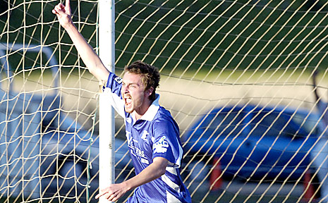 IT’S IN! Jacob Arthur puts the ball in the back of the net for Thistles’ winning goal against Byron Bay last weekend. IT’S IN! Jacob Arthur puts the ball in the back of the net for Thistles’ winning goal against Byron Bay last weekend.