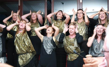 The choir of Hard Kock-ers perform at the Finnies Unplugged event at Earth n Sea restaurant in Byron Bay last week. The choir of Hard Kock-ers perform at the Finnies Unplugged event at Earth n Sea restaurant in Byron Bay last week.