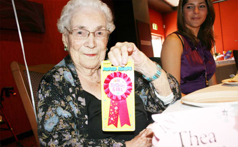 Thea Halliday celebrates her 100th birthday on Monday at the Byron Bay Services Club. Next to her is her great-great grandniece, Briar May, 20, who came from New Zealand for the celebrations. Thea Halliday celebrates her 100th birthday on Monday at the Byron Bay Services Club. Next to her is her great-great grandniece, Briar May, 20, who came from New Zealand for the celebrations.
