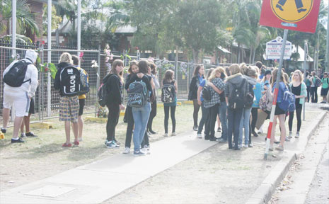 Students gather outside Mullumbimby High School on Monday morning. Students gather outside Mullumbimby High School on Monday morning.