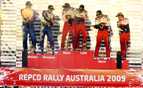 Jarmo Lehtinen (left), Mikko Hirvonen, Daniel Elena, Sebastien Loeb, Dani Sordo and Marc Marti celebrate at the end of the Repco Rally Australia. Jarmo Lehtinen (left), Mikko Hirvonen, Daniel Elena, Sebastien Loeb, Dani Sordo and Marc Marti celebrate at the end of the Repco Rally Australia.