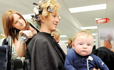 STYLISH: Student hairdresser Hayley Smith from Hair Chic at Evans Head works on hair model Penny Dehoon, of Goonellabah, with her six-month-old son Isaac Graham at Wollongbar TAFE. STYLISH: Student hairdresser Hayley Smith from Hair Chic at Evans Head works on hair model Penny Dehoon, of Goonellabah, with her six-month-old son Isaac Graham at Wollongbar TAFE.
